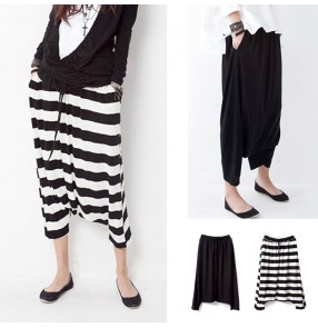 Cropped women's ladies female  fashion striped drop crotch baggy HIP hop modern dancing dance  loose harem swing pants trousers